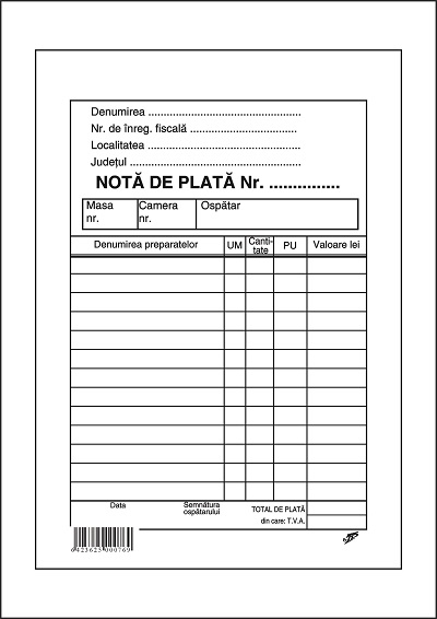 Nota plata ospatar autocopiativa cu perfor