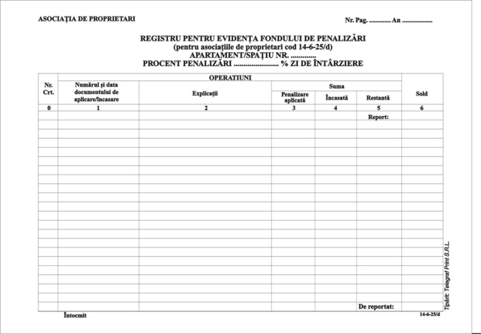 Registru fond penalizari Asociatie de proprietari