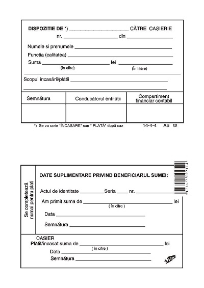 Dispozitie plata si incasare catre casierie autocopiativa A5 perfor