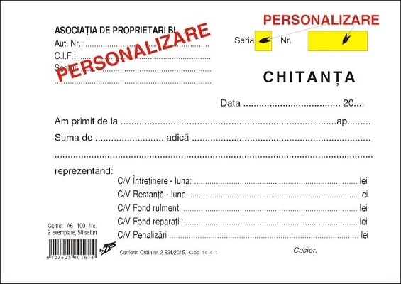 Chitantier Asociatii de Proprietari 2 ex personalizat C2 + numerotare