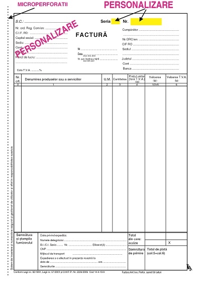 Facturier A4 cu TVA personalizat 3 ex. F1 + numerotare