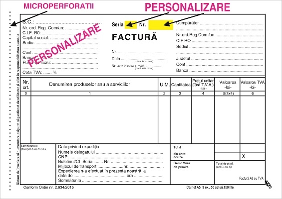 Facturier A5 cu TVA personalizat 3 ex F2 cu numerotare