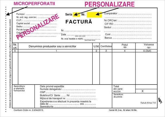 Facturier A5 fara TVA personalizat 3 ex F3 cu numerotare