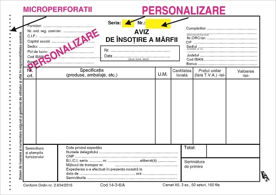 Aviz de expeditie A5  personalizat 3 ex A1 cu numerotare