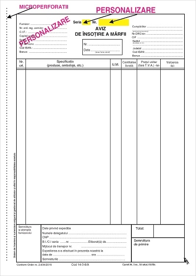 Aviz de expeditie A4  personalizat 3 ex AC cu numerotare