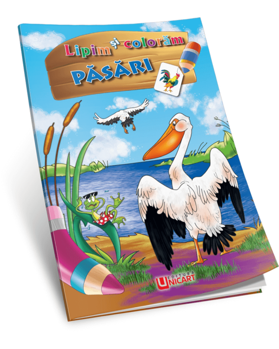 Carte de colorat Lipim si coloram Pasarile cu Abtibilduri