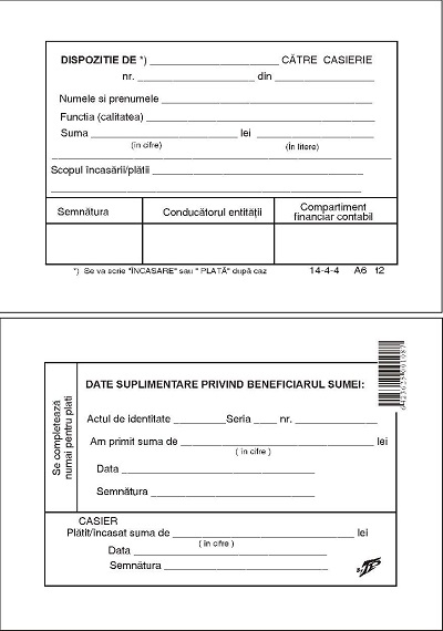 Dispozitie plata si incasare catre casierie cu microperforatii A6