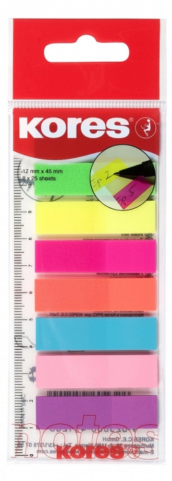 Post-it index plastic 12x45 mm 8 culori x 25 file Rigla Kores