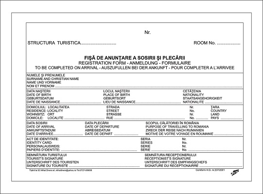 Fisa de anuntare a sosirii si plecarii turistilor, A5