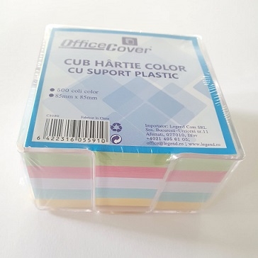 Cub hartie cu suport plastic, 8.50x8.50 cm , Office- hartie culori pastel asortate, 500 coli