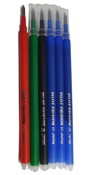 Rezerva Frixion Pilot 6/set  pentru Clicker 05: 3 albastre + 1 rosie + 1 verde + 1 negru
