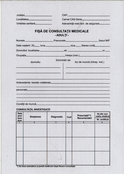 Fisa consultatii medicale Adulti A4 carton